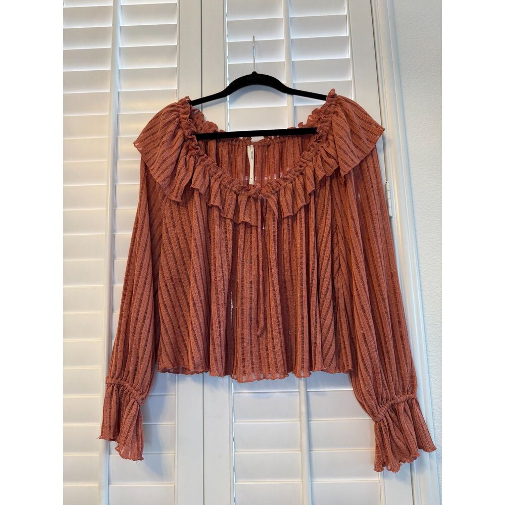Anthropologie Mauve Rose Sheer Pleated Ruffle Blouse Long Sleeve Top S